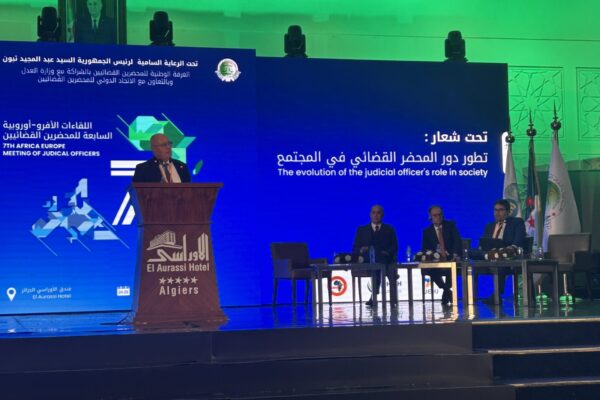 From left to right, Jos Uitdehaag, 1st Vice President UIHJ, Karim Khekfane, President of the National Independent Election Authority Algeria, Christophe Bernasconi, Secretary General HCCH, Malon