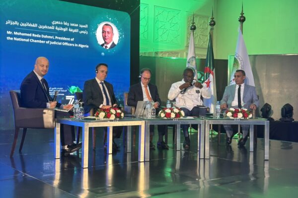 From left to right, Mohamed Reda Bougrine, Member UIHJ, Marc Schmitz, President UIHJ, Christophe Bernasconi, Secretary General UIHJ, Enamé Nkwame Samuel, President NCJO Cameroun and Mohamed Reda